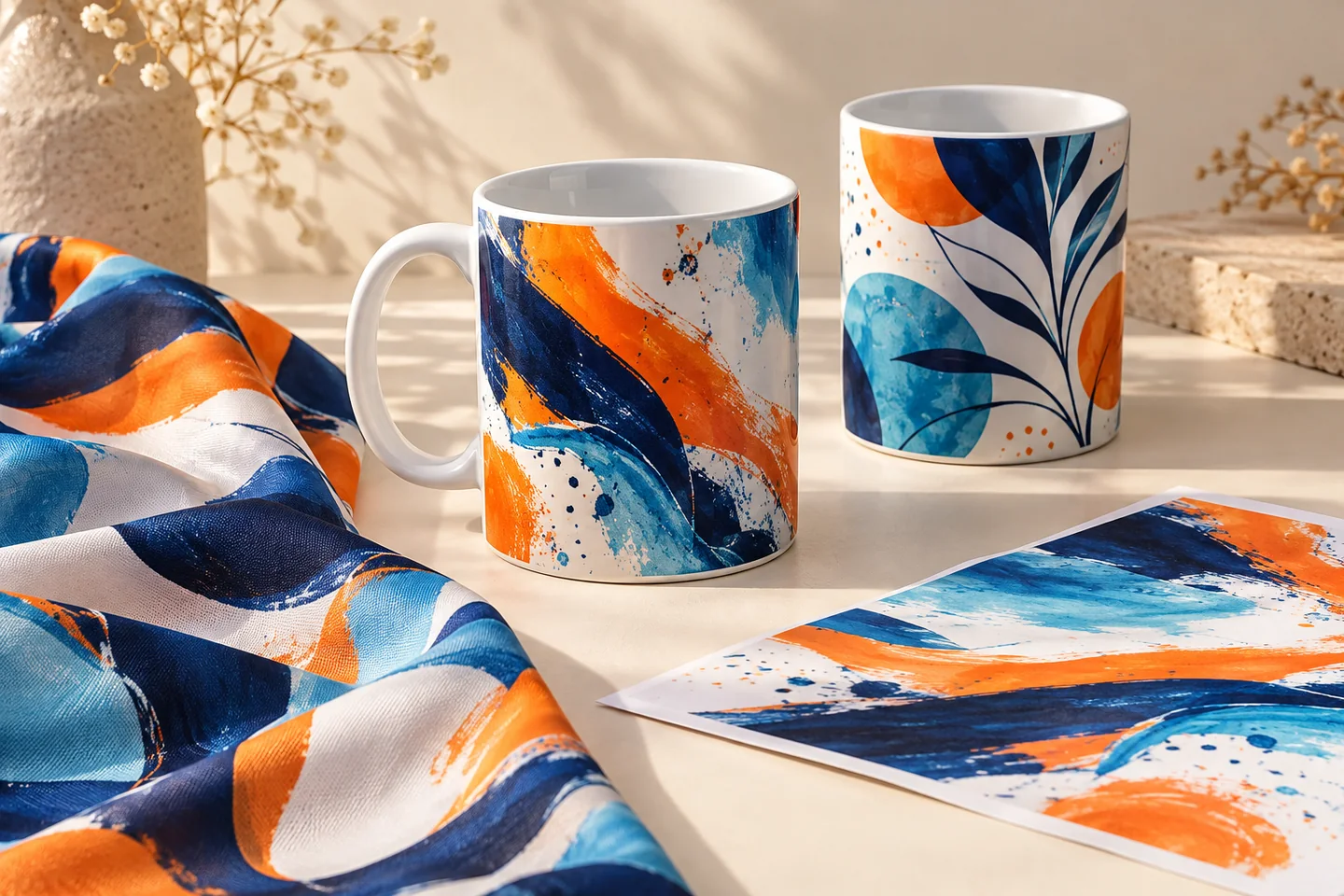 Objets personnalisés et matériel dans une ambiance d’atelier de sublimation
